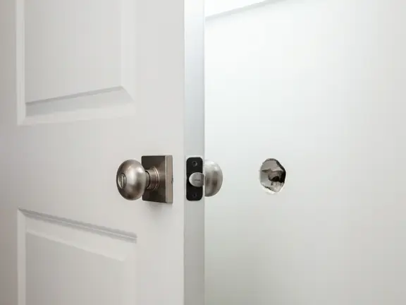 A door handle driven straight through the wall behind it, the hole cut back square and ready for a patch.